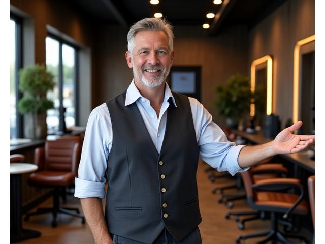 Successful BarberCraft franchise owner proudly standing in his modern barbershop